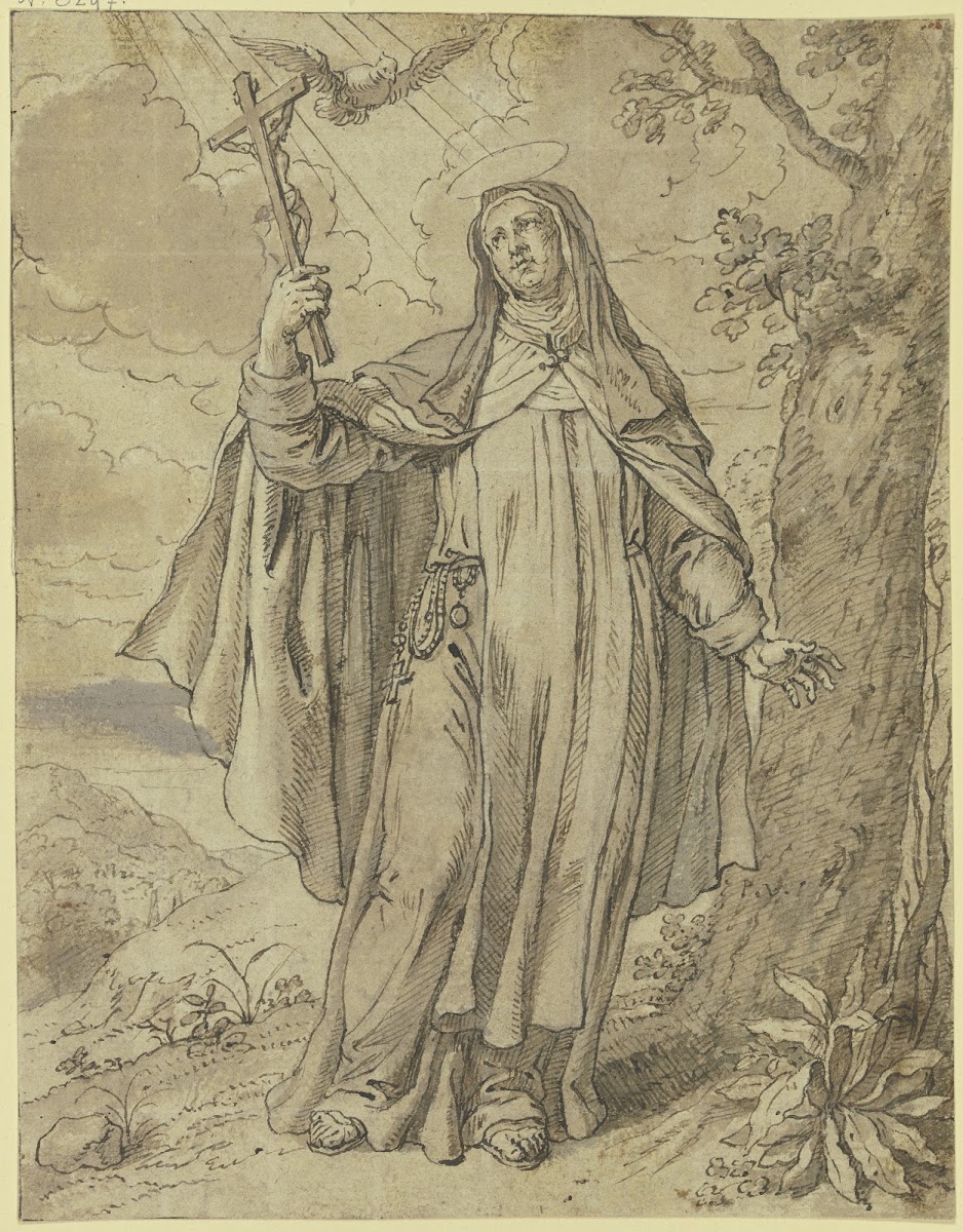 Eine heilige Nonne hält das Kruzifix in der Hand der Heilige Geist schwebt über