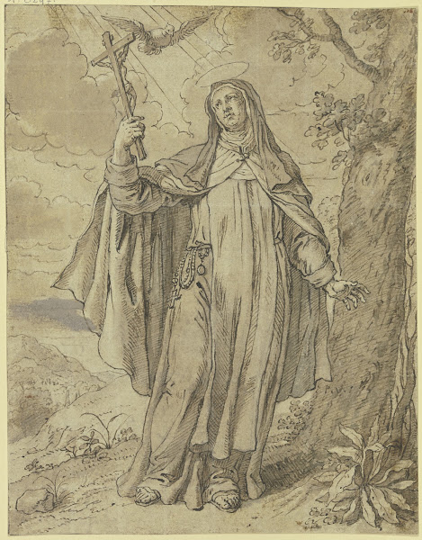 Eine heilige Nonne hält das Kruzifix in der Hand der Heilige Geist schwebt über