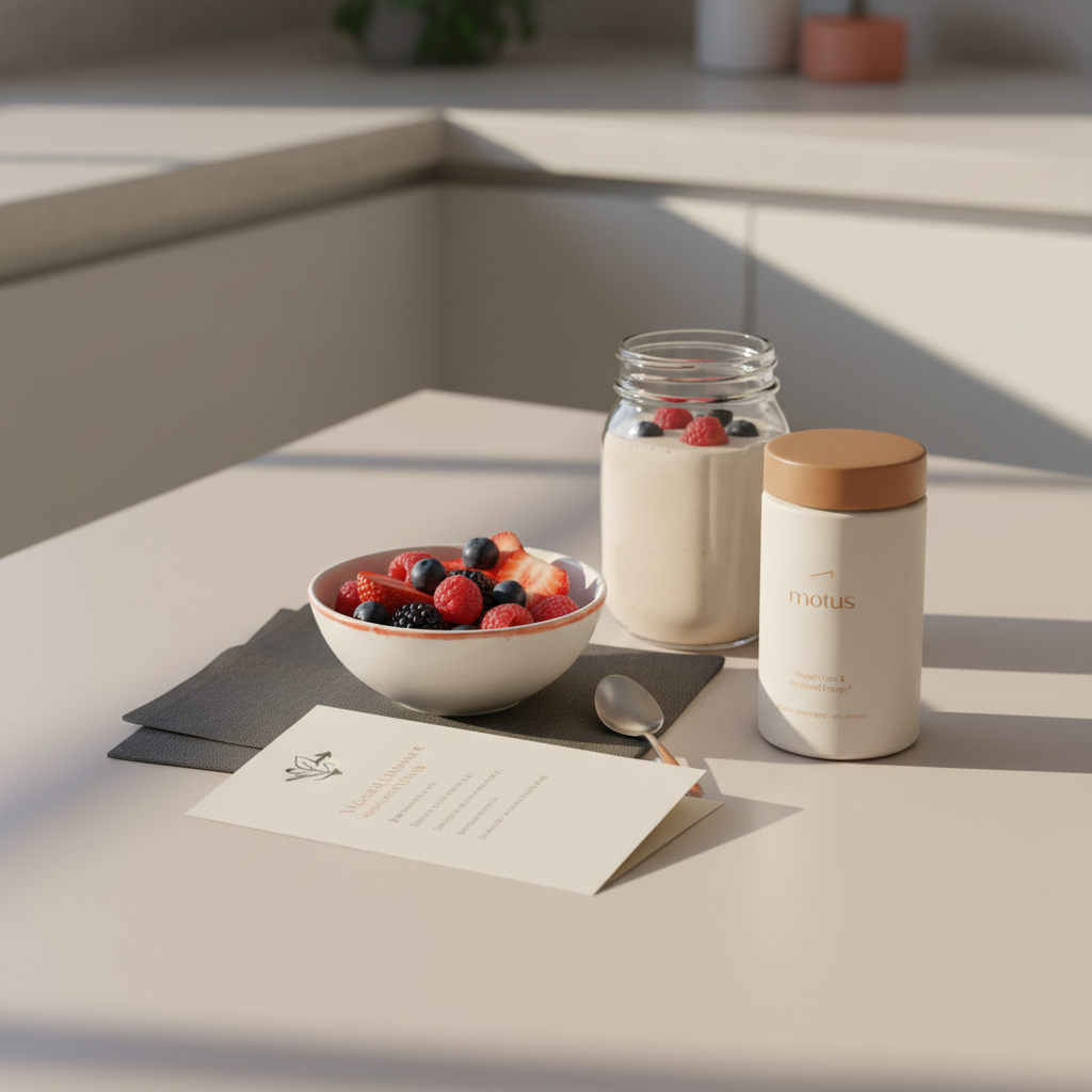 Minimal breakfast nook with mason jar shake, bowl of berries, folded recipe card and Tonum Motus bottle subtly placed to the side — meal replacement drinks scene.