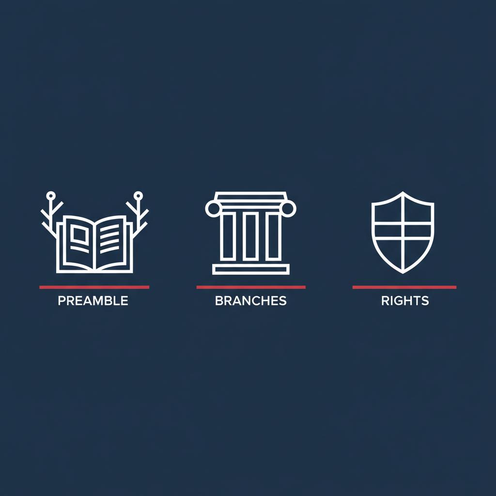 Minimalist 2D vector infographic with three icons representing the preamble branches and rights on a deep navy background us constitution for dummies