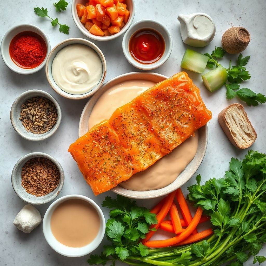 Ingredients for Crispy Bang Bang Salmon Bites with Spicy Creamy Sauce – Easy 40-Minute Homemade Appetizer