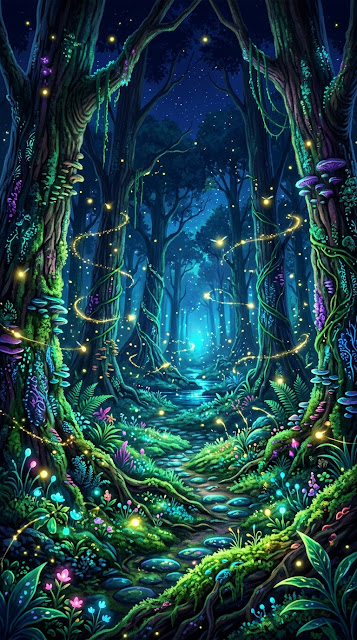 Mystical Forest Scene with Bioluminescent Plants and Fireflies - Free mobile Wallpaper