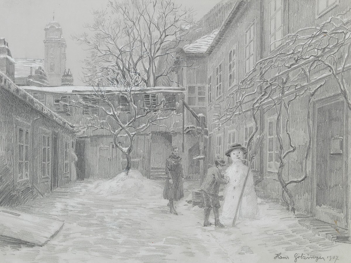 Schneemann in einem Hof in Lichtenthal 1907