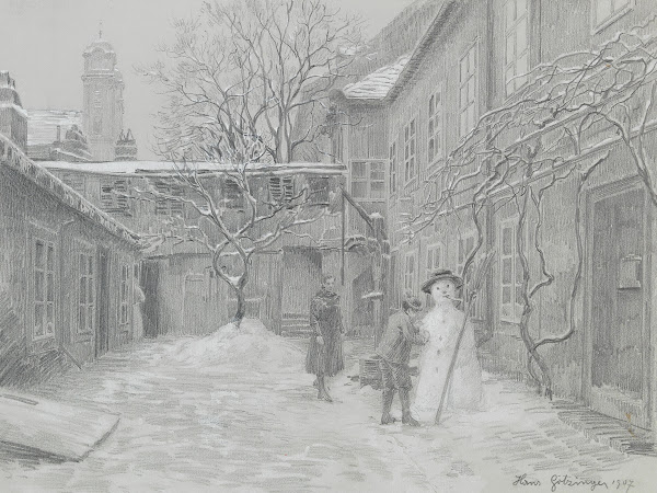 Schneemann in einem Hof in Lichtenthal 1907