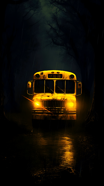 Yellow School Bus in Rainy Dark Forest at Night - Free mobile Wallpaper
