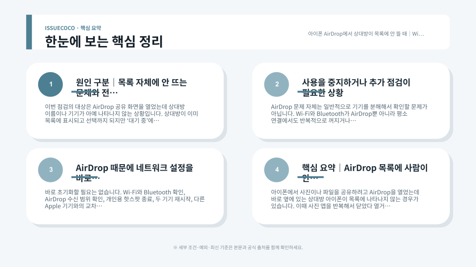 아이폰 AirDrop 상대방 검색 문제를 Wi-Fi Bluetooth 수신 설정 개인용 핫스팟 순서로 점검하는 장면