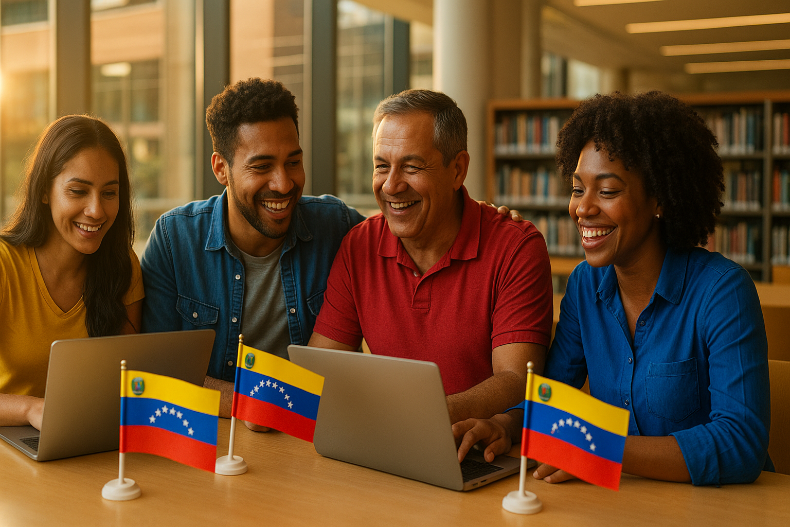 Venezolanos en la diáspora estudiando juntos en una biblioteca, con banderitas.