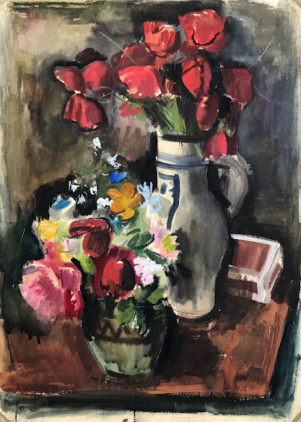 Blumensträuße am Tisch circa 1930