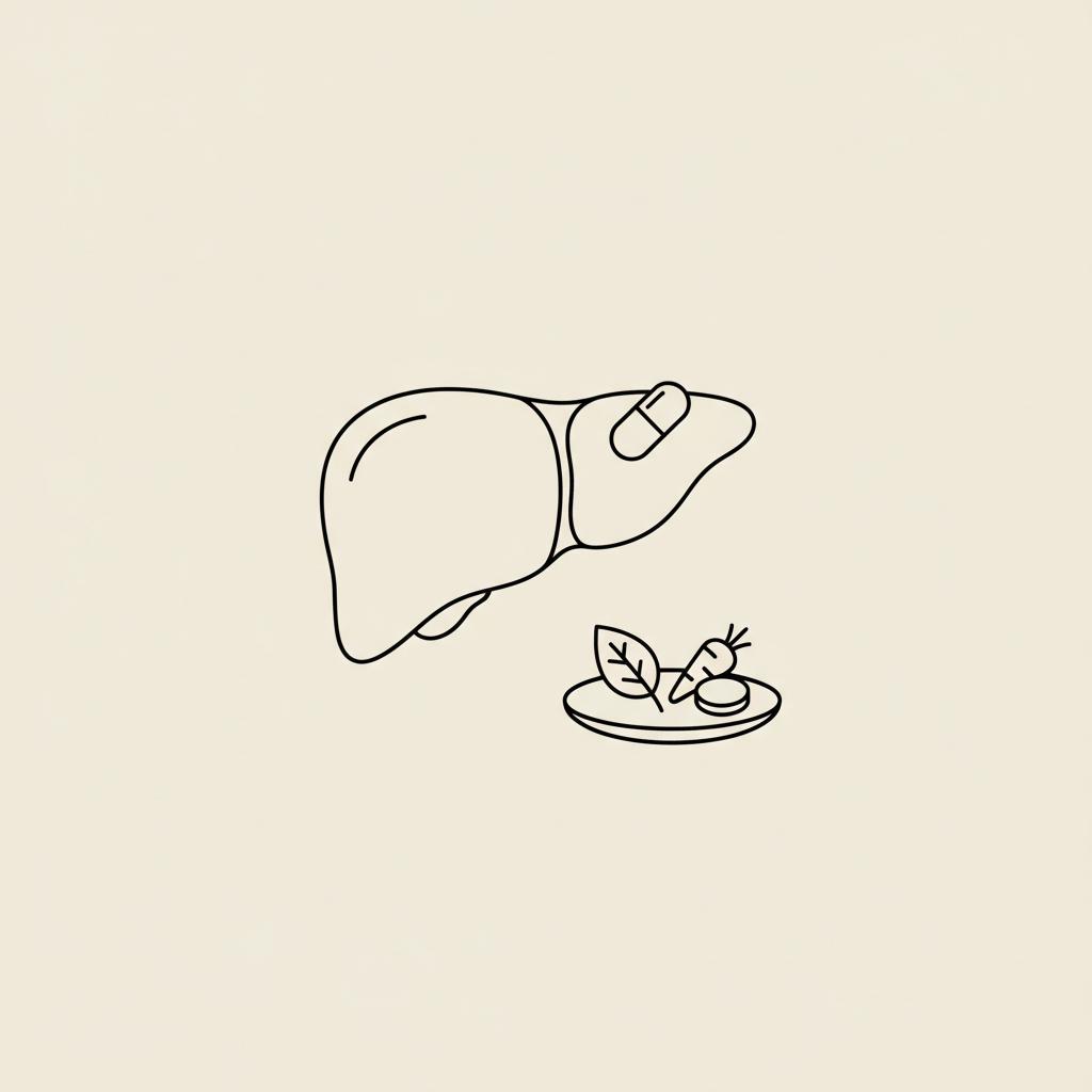 Minimal Tonum-style line illustration of a liver outline, a small capsule, and a plate with vegetables on a beige background, illustrating liver detox symptoms