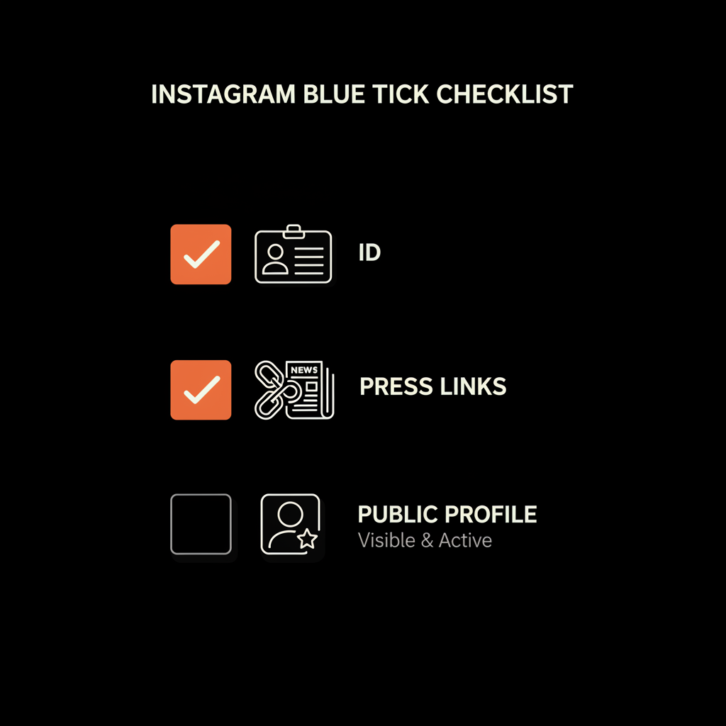 Minimal checklist infographic for Instagram blue tick showing ID, press links, and public profile on a black background with orange accents.