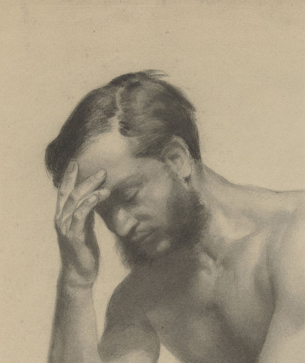 Fragment of an academic study of a man with his right hand on his forehead