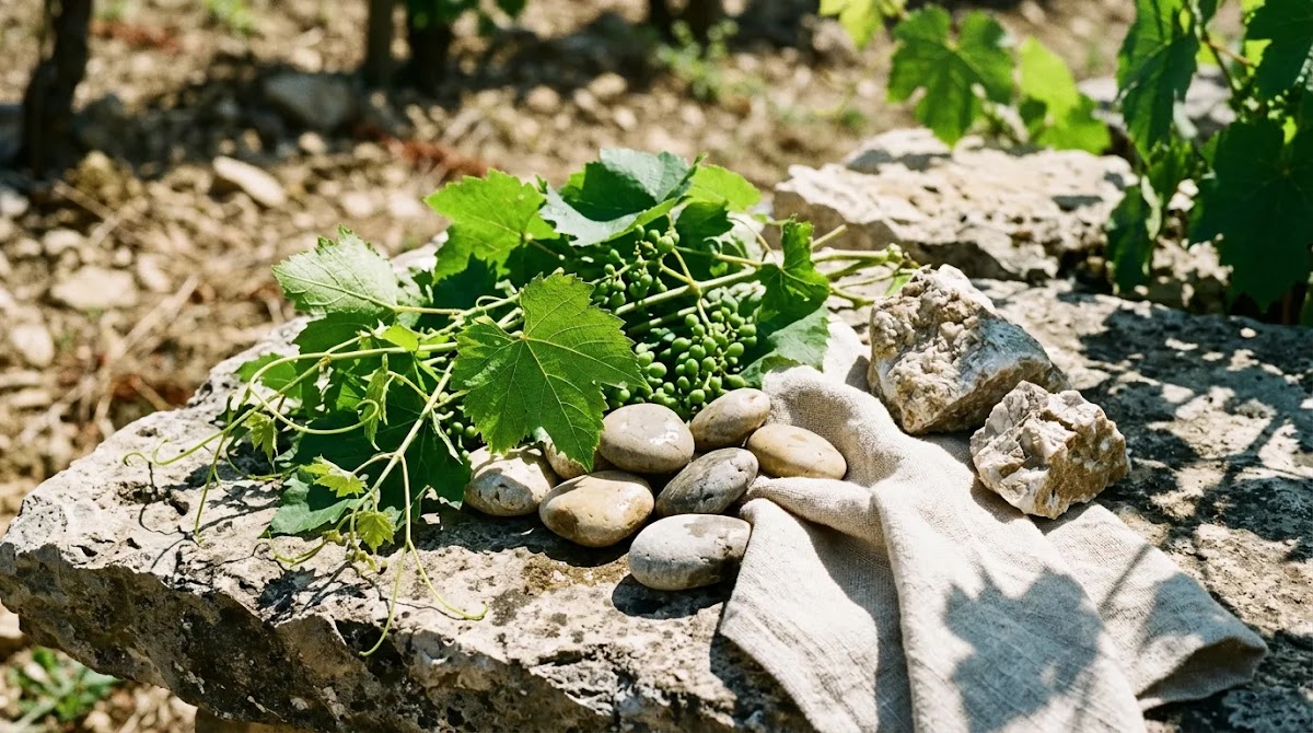 Sauvignon blanc wine characteristics expressed through limestone, vine leaves and fresh herbal textures