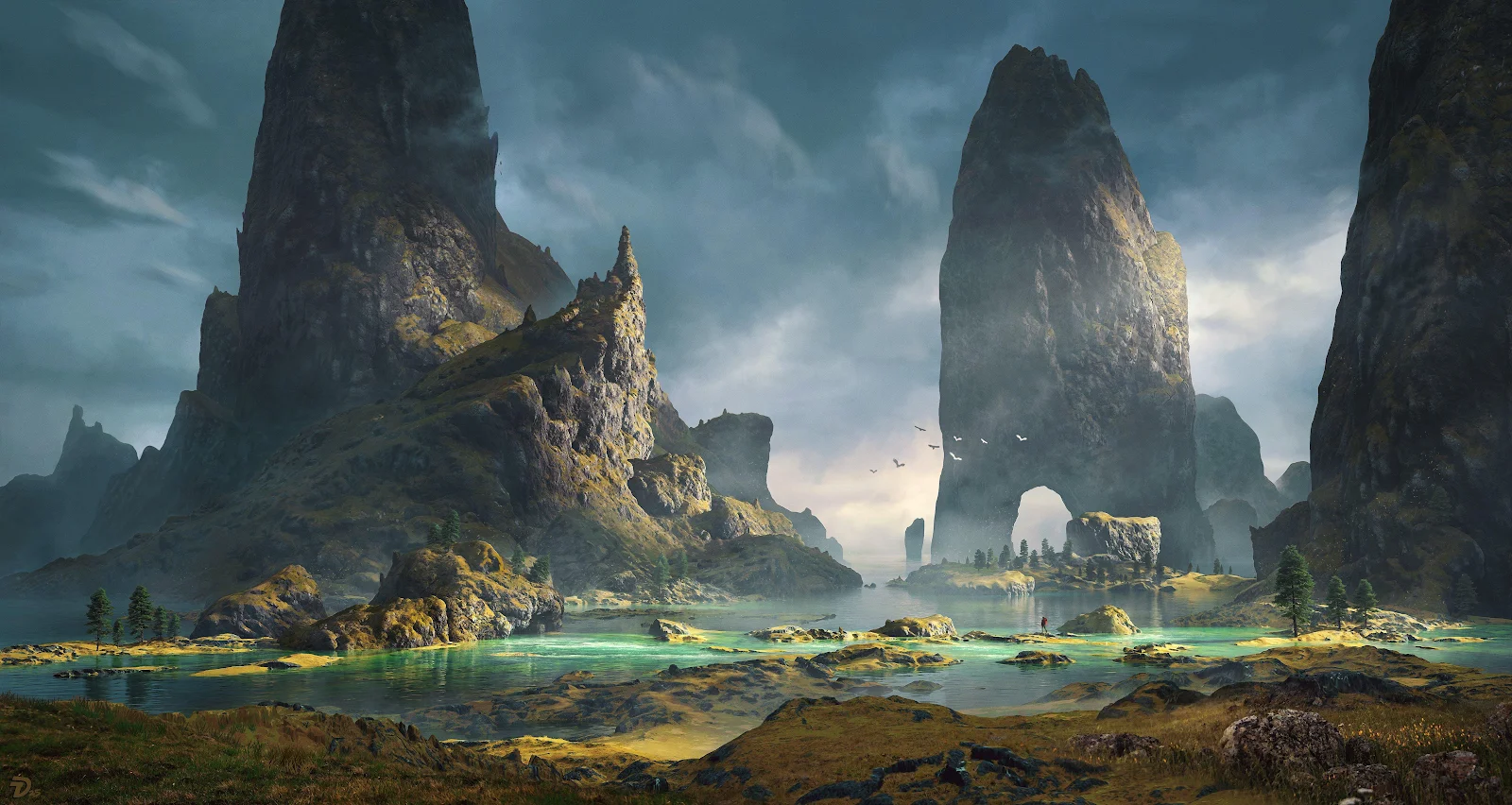 Towering Rock Formations Over Lake - Digital Concept Art 4K Wallpaper (4733x2521)