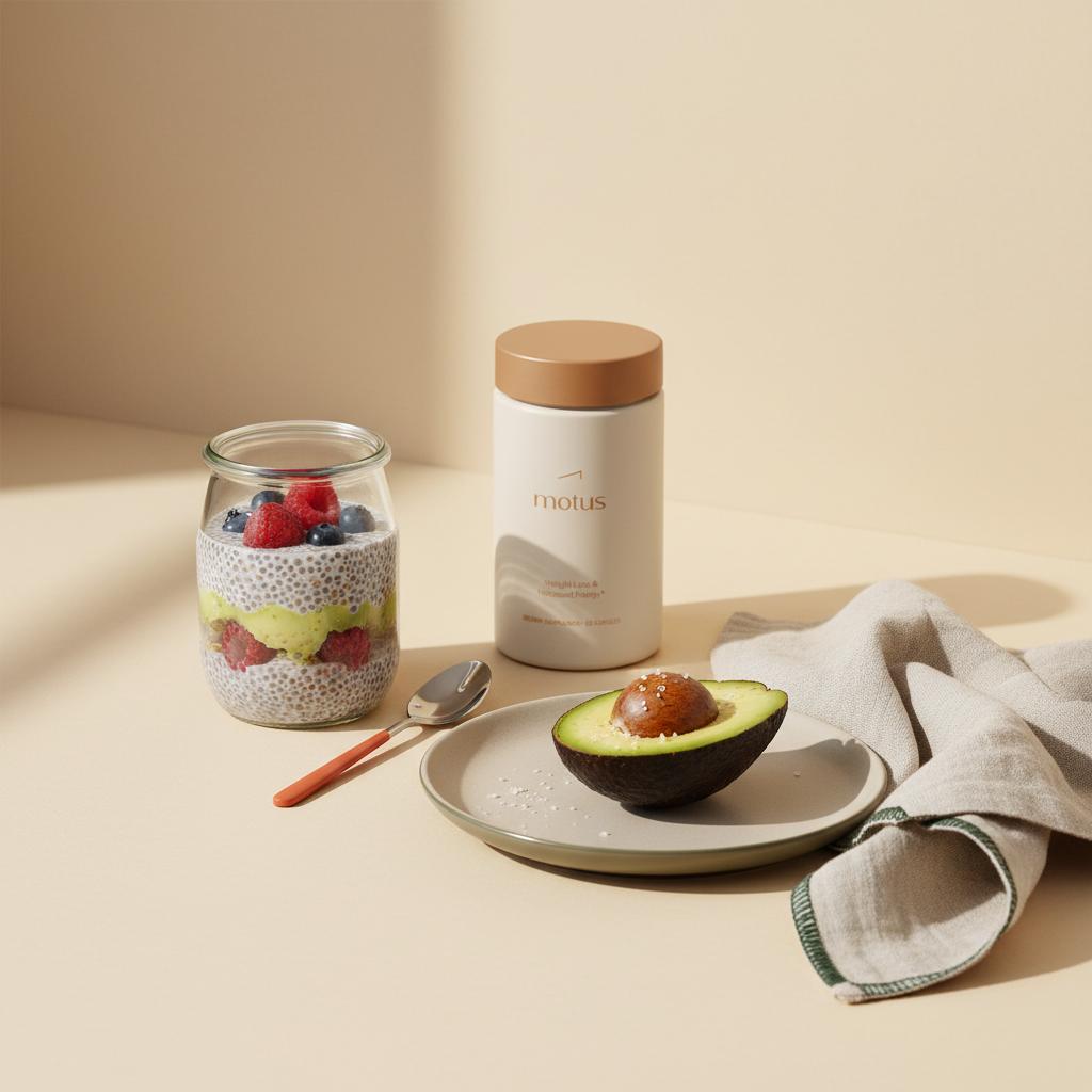 Minimalist breakfast nook with Tonum Motus supplement beside a chia pudding jar, half avocado and linen napkin on a pale backdrop for a keto breakfast