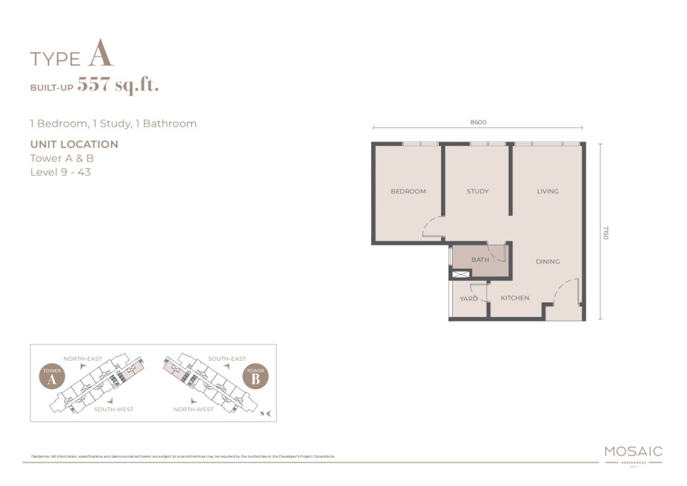 Mosaic Type A floor plan — 557 sq ft, 1 bedrooms