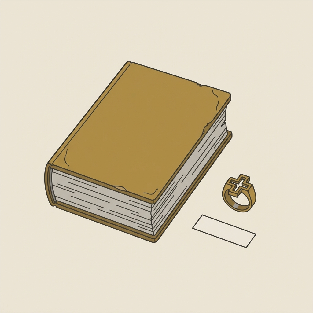 Minimalist vector of a leather bound collection catalogue next to a medieval crusader ring and accession label on a warm beige Aurora Antiqua background