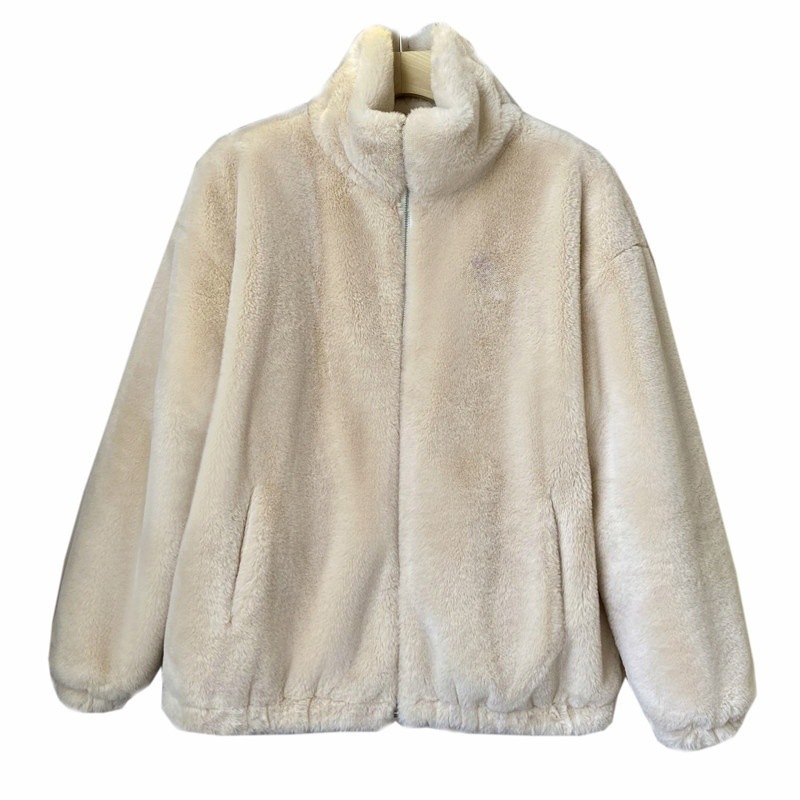 Lamb fleece jacket with stand-up collar and faux fur