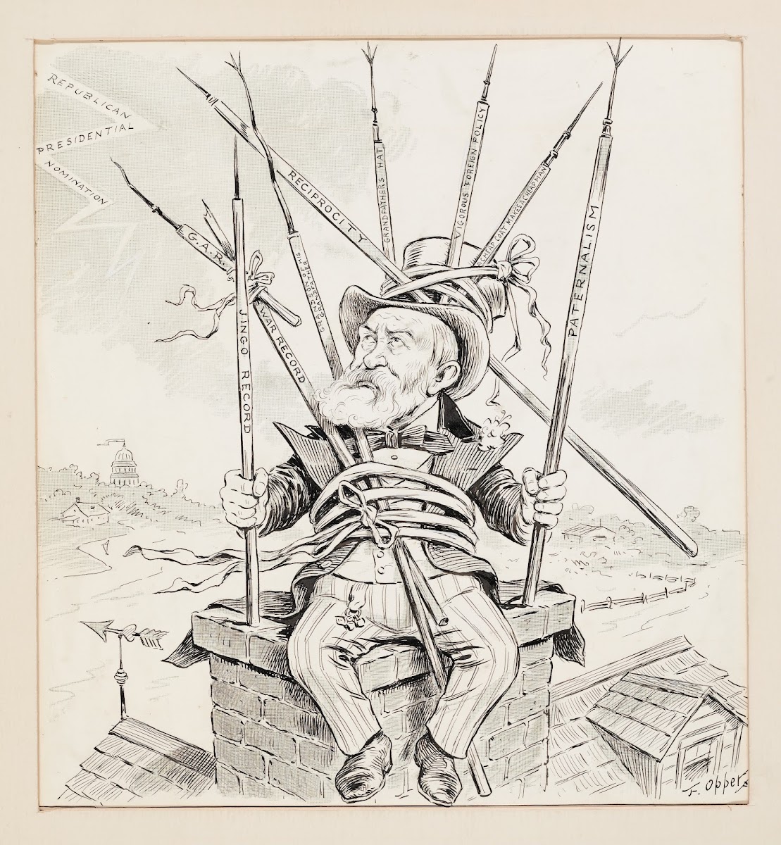 Republican politician James G Blaine atop chimney with numerous lightening rods