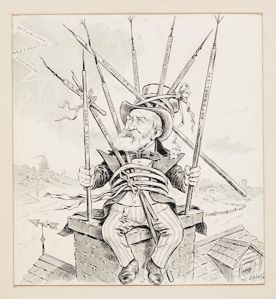 Republican politician James G Blaine atop chimney with numerous lightening rods