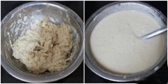 Thêm sữa tươi và nước. Chú ý thêm từng ít một, vừa thêm vừa trộn đều để hỗn hợp được hòa quyện vào nhau và không bị vón cục.