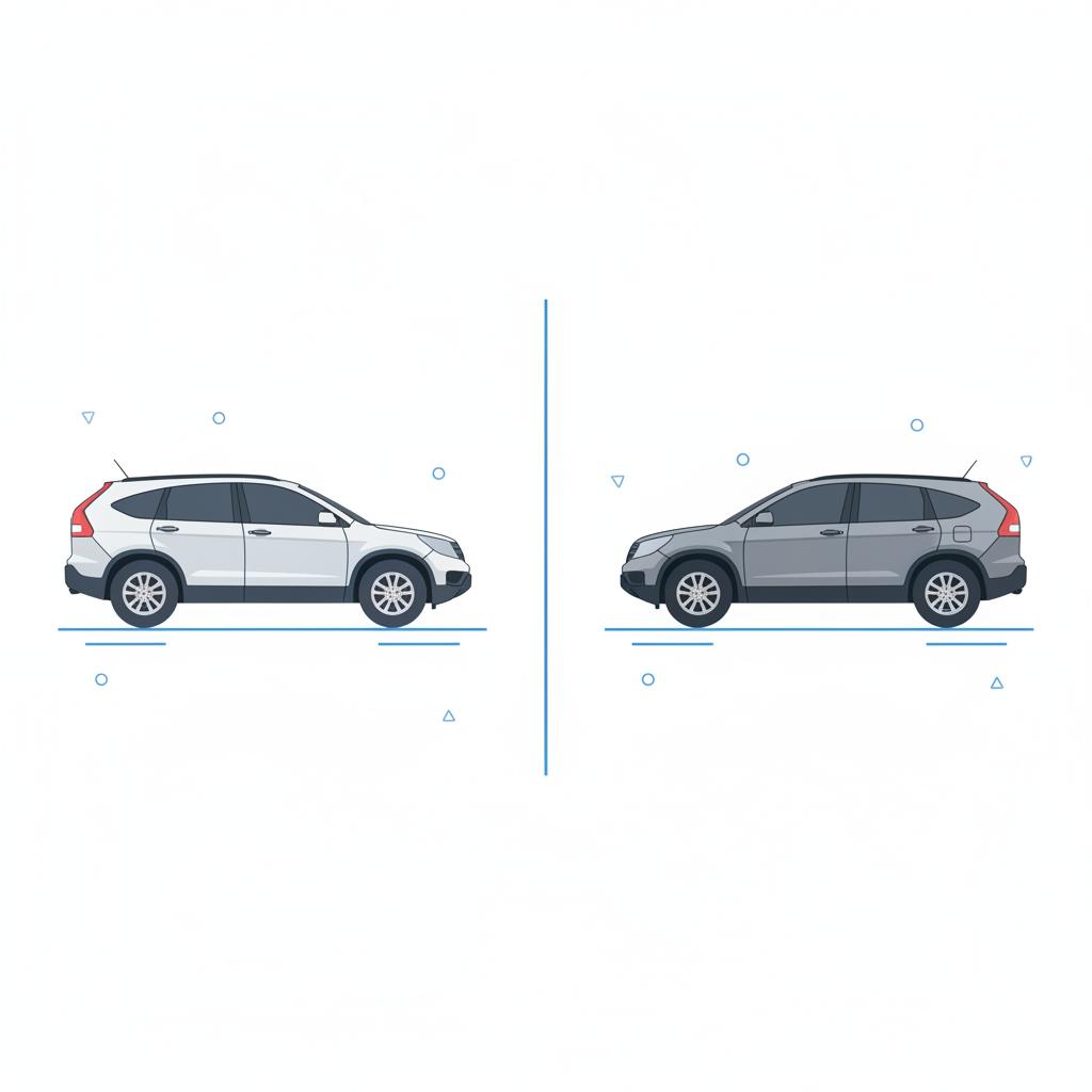Side by side 2D vector comparison of a new model and a late model used honda crv used for sale in a minimalist dealership lot with white background and blue accent divider