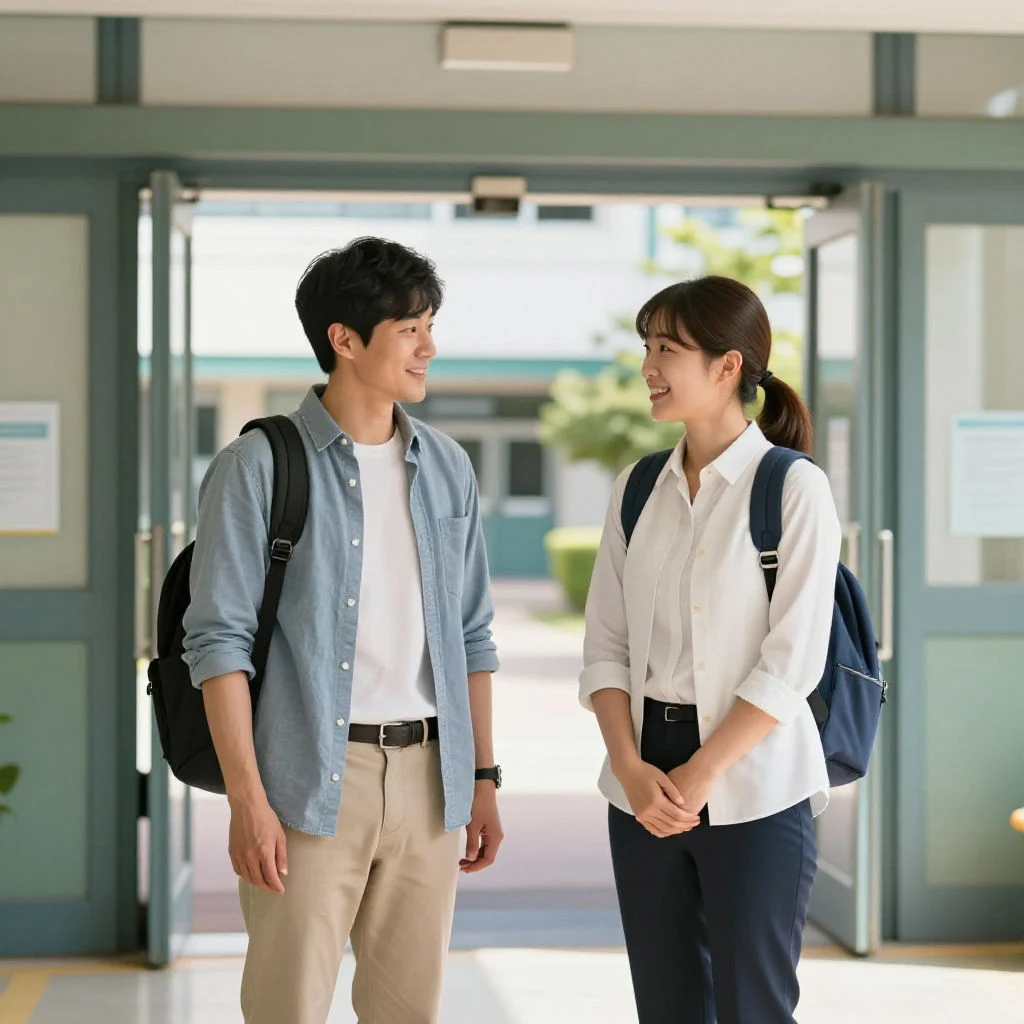 학교에서 선생님과 친근하게 대화하는 학부모