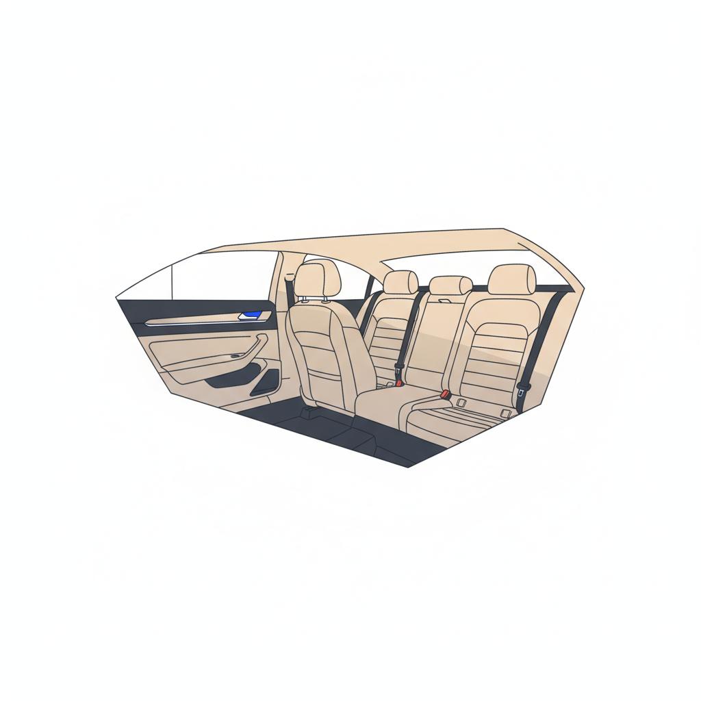 Minimalist 2D vector interior of a Volkswagen Arteon rear seat showing generous legroom warm natural light and a subtle blue trim detail best Volkswagen model