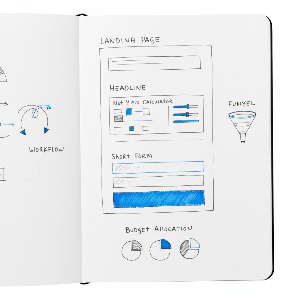 Close-up notebook wireframe of a landlord landing page with headline block, net-yield calculator mock, and short form &mdash; How to promote your property management company?