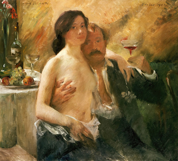 Self portrait with his wife Charlotte Berend Corinth and a sekt glass 1902