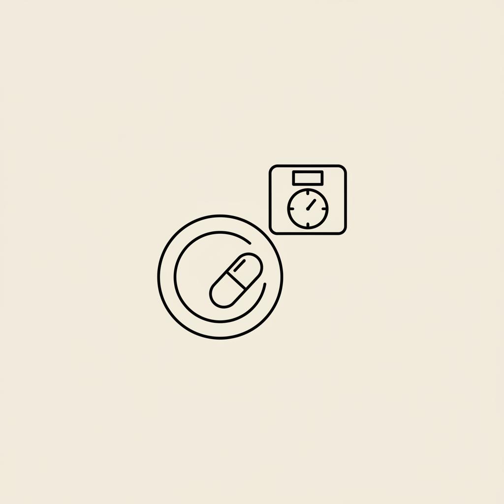 Minimal Tonum-style illustration on beige #F2E5D5 background: plate, capsule, scale representing measured lifestyle change — how much can A1C drop in 3 months