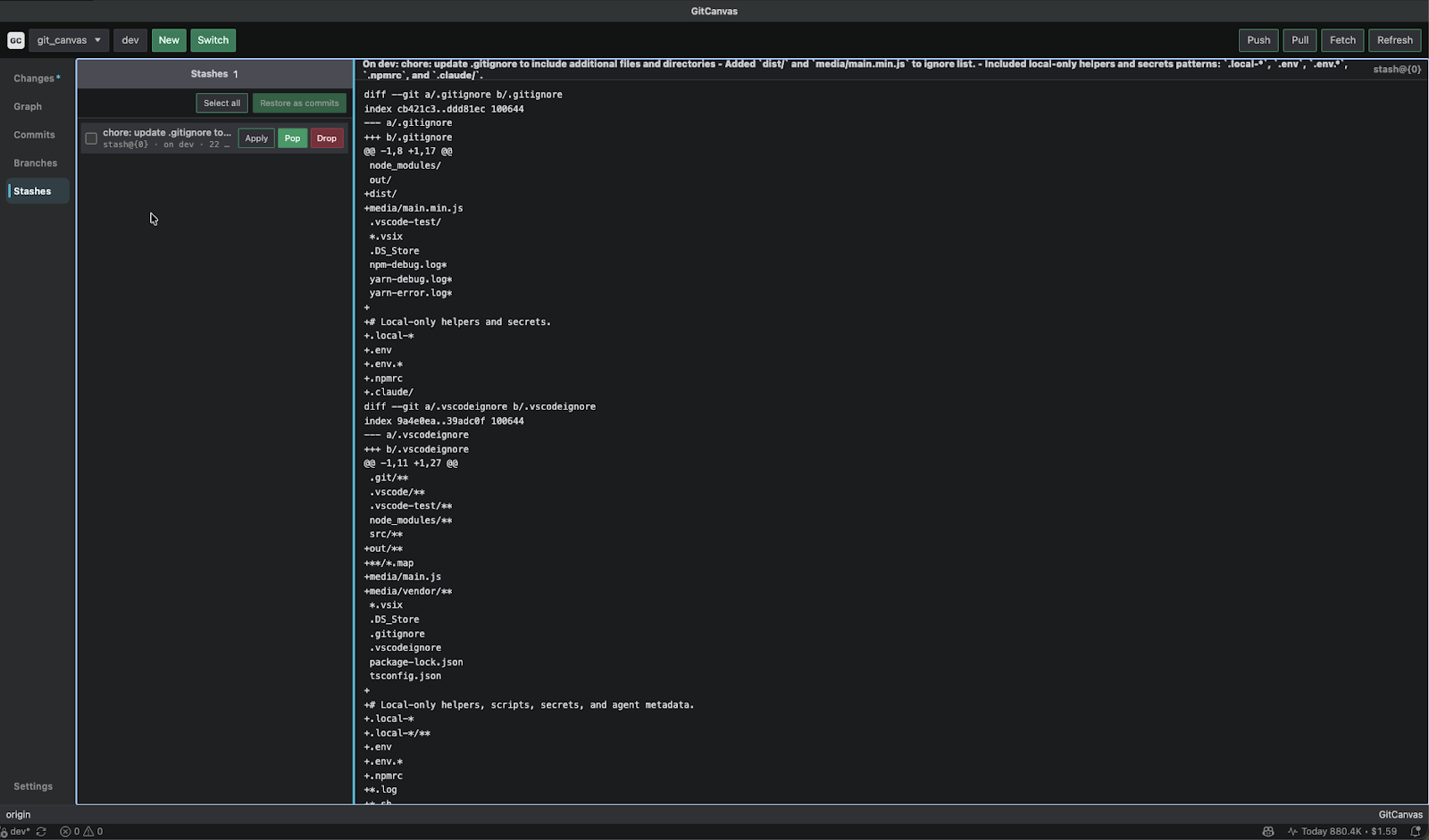 GitCanvas stashes view with stash selection, apply pop drop actions, and a diff preview