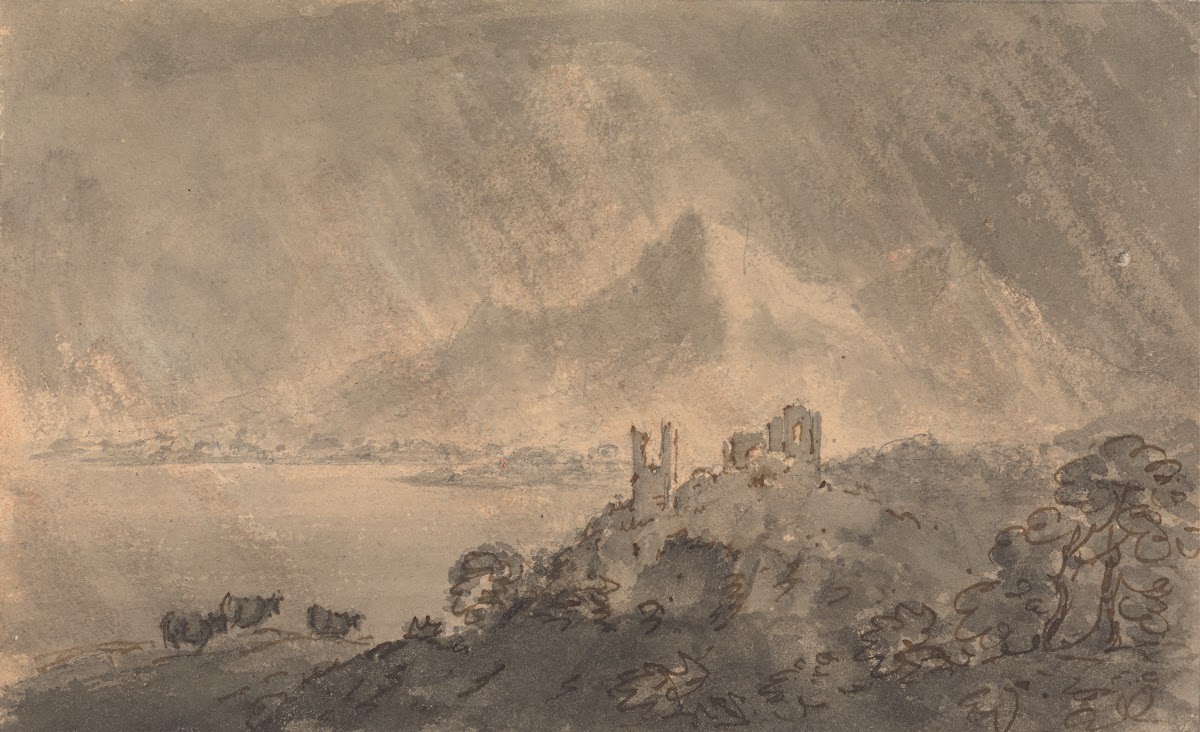Castle above a Lake with Distant Mountain under Stormy Sky