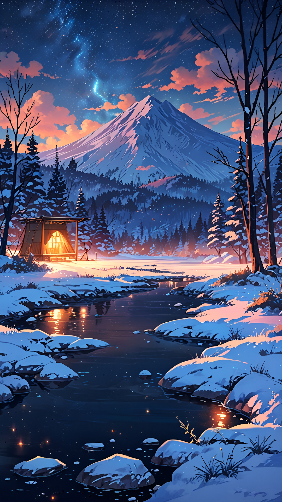 Magical Winter Mountain Campfire Night Landscape - Free 4K mobile Wallpaper