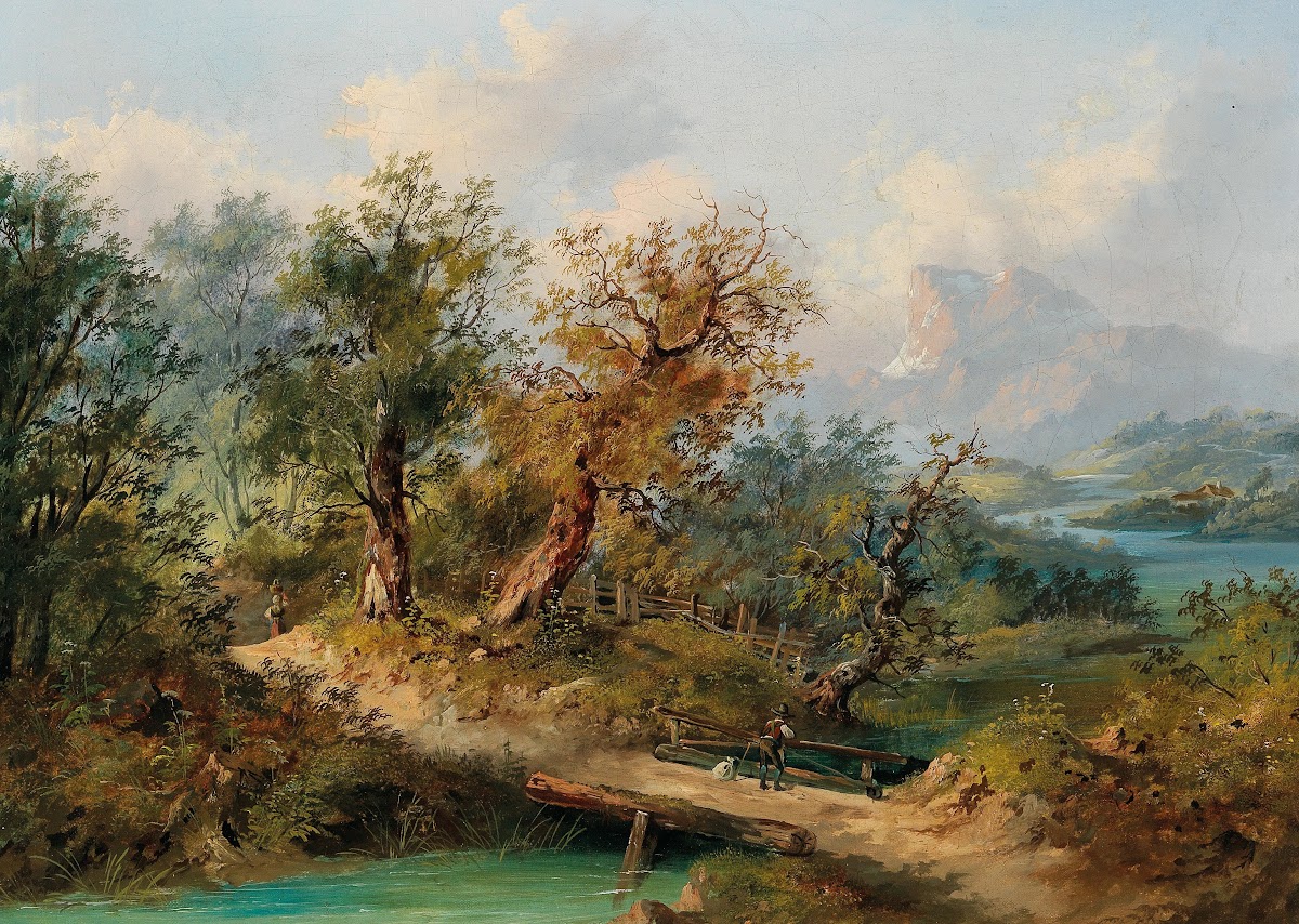 A Mountainous Landscape with a Traveller on a Wooden Bridge