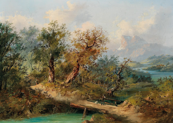 A Mountainous Landscape with a Traveller on a Wooden Bridge