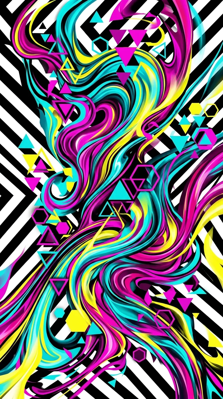 Abstract Swirling Forms in Magenta and Turquoise on Striped Background - Free 4K mobile Wallpaper