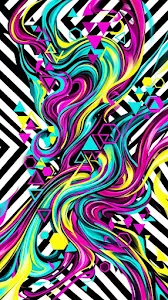 Abstract Swirling Forms in Magenta and Turquoise on Striped Background