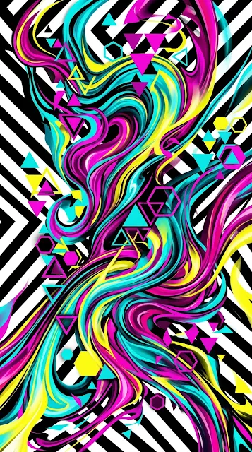 Abstract Swirling Forms in Magenta and Turquoise on Striped Background