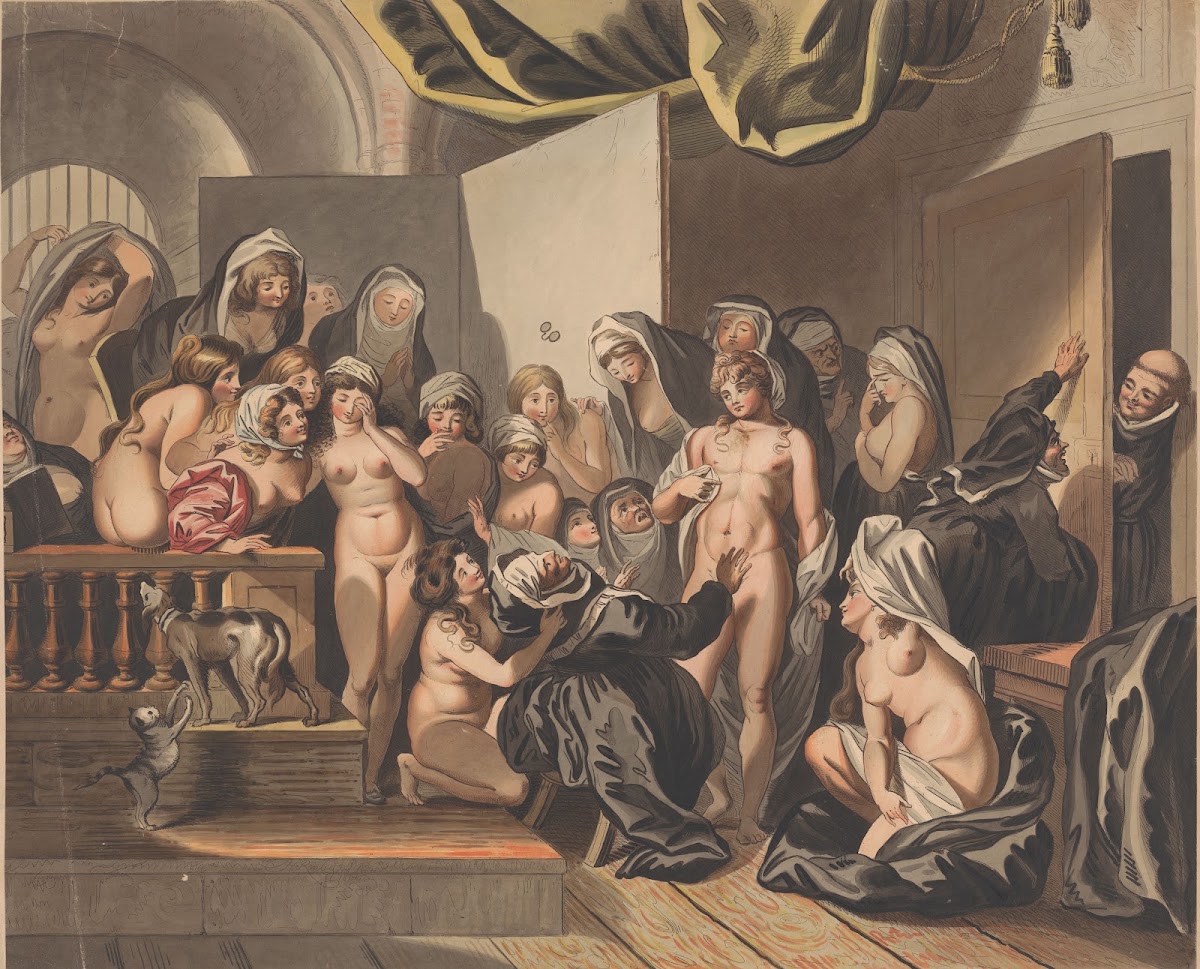 Abdes discovers a young man among her undressed nuns 1800
