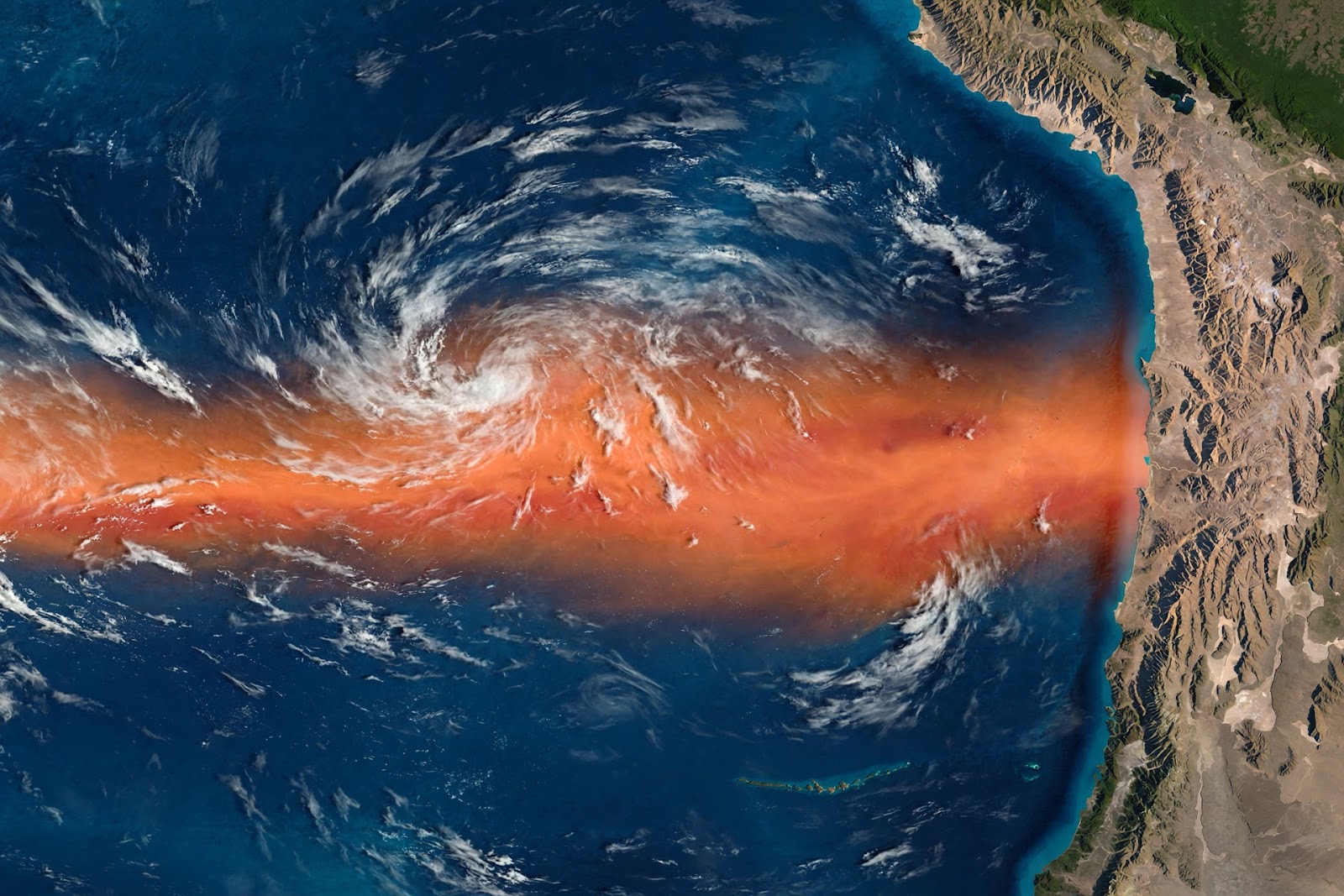 Satellite-style view of the tropical Pacific Ocean during the record-breaking 2026 El Niño, showing a wide glowing band of orange-red warm water stretching along the equator from South America toward Asia, surrounded by cooler deep blue ocean and thin swirling clouds.
