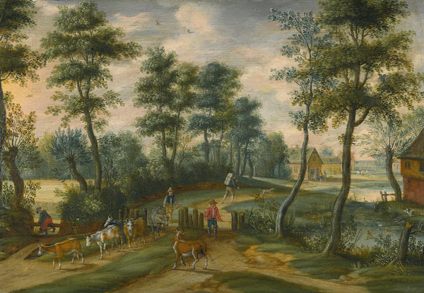 A wooded landscape with droversand their cattle a village beyond