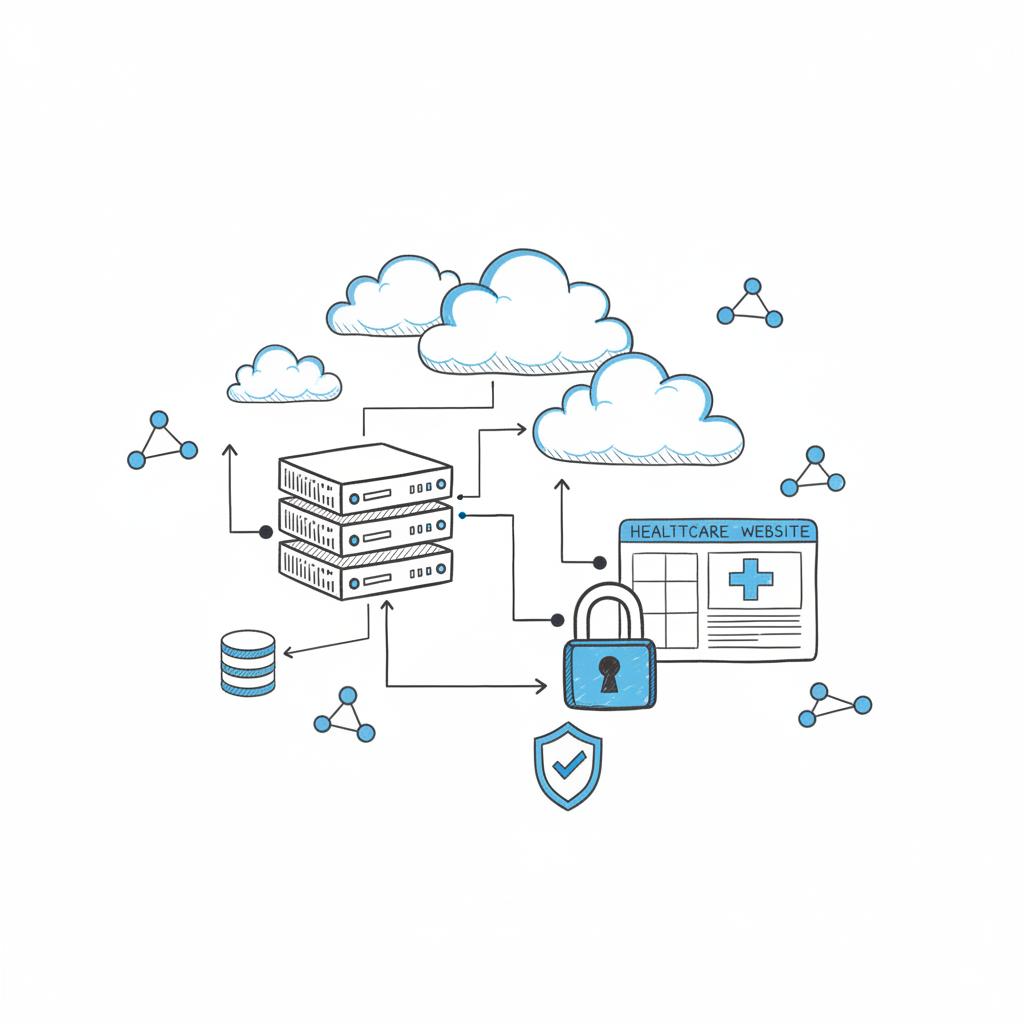 Flat-lay sketch of a server rack, cloud connections, website wireframe and lock symbol showing secure hosting and data flow for best website builder for healthcare
