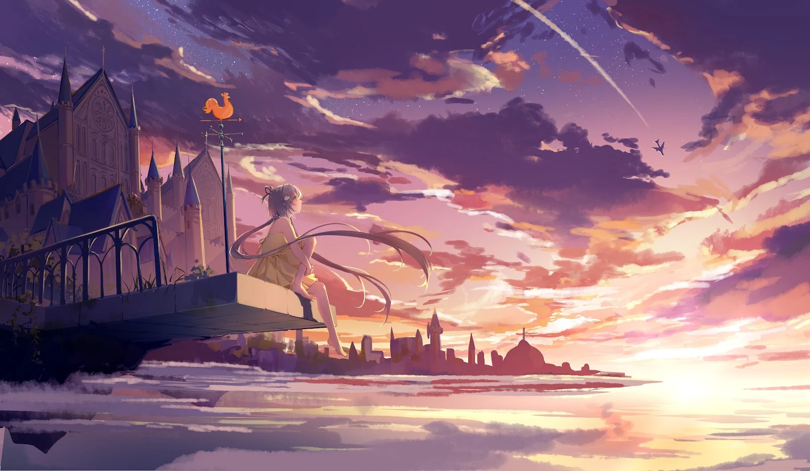 Anime Girl Watching Castle Sunset - Anime Illustration 4K Wallpaper (5079x2953)