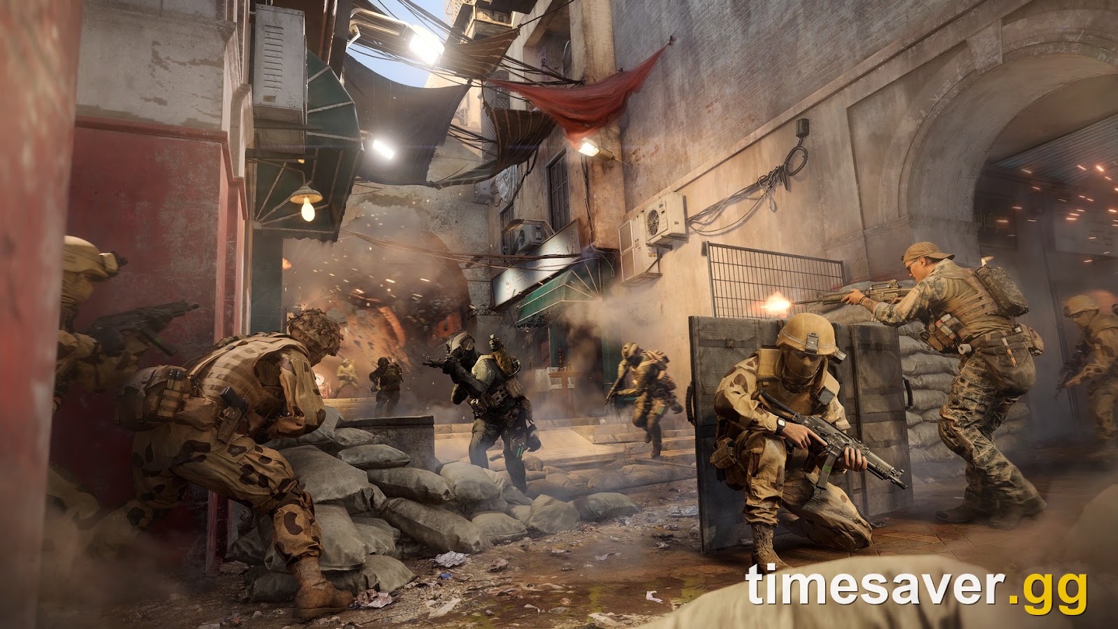 Battlefield 6 squad fighting through a narrow sandbagged alley, the nearest soldier carrying a holstered sidearm