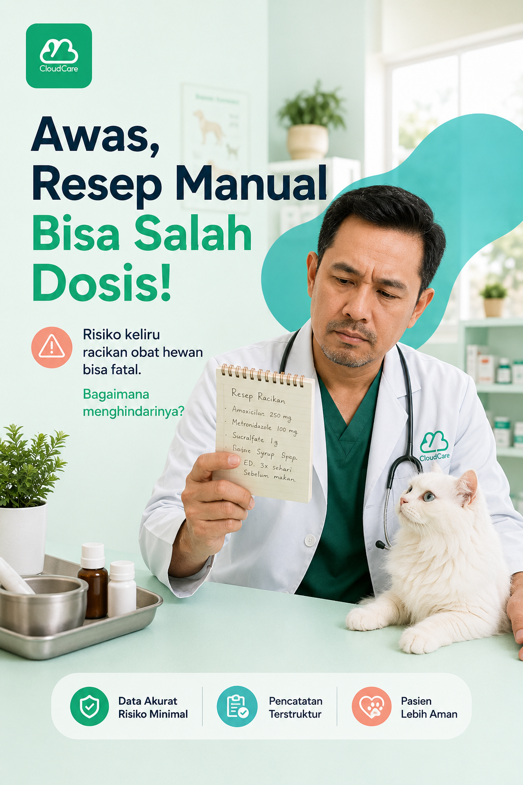 Dokter hewan memeriksa resep dengan kucing putih