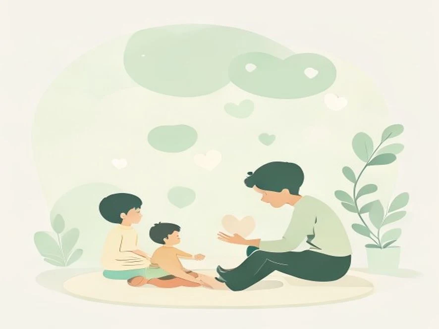 민트 그린과 화이트 톤의 따뜻한 방에서 부모와 아이의 단순한 실루엣이 마주 앉아 부드러운 구름 모양 말풍선으로 다정하게 대화하는 모습을 표현한 플랫 벡터 일러스트레이션.