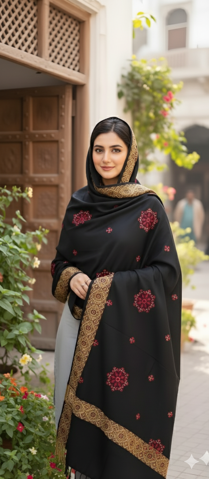 Luxury Black Wool Shawl with Woven Gold Jacquard Border | Premium Winter Scarf for Women