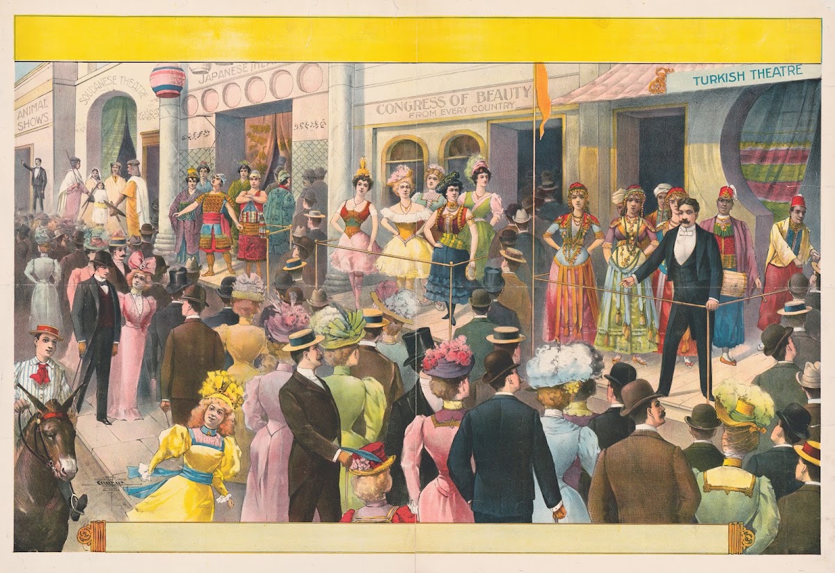 Crowds at a circus sideshow viewing women and some men dressed in costumes of fo