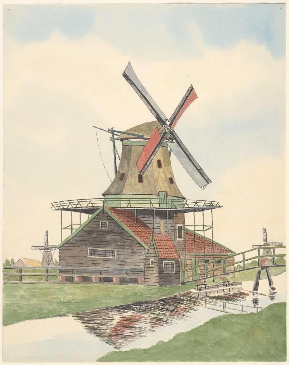 Molen Het Guiswijf met op de achtergrond links en rechts twee ander molens 1930