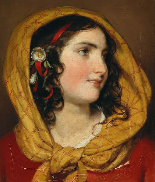 Portrait of a girl with a red hairband and a yellow headscarf